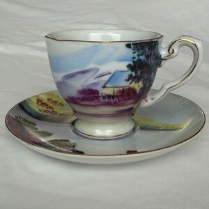 Vintage Ucagco Japan Handpainted Landscape Demitasse Teacup Saucer W/ Gold Trim